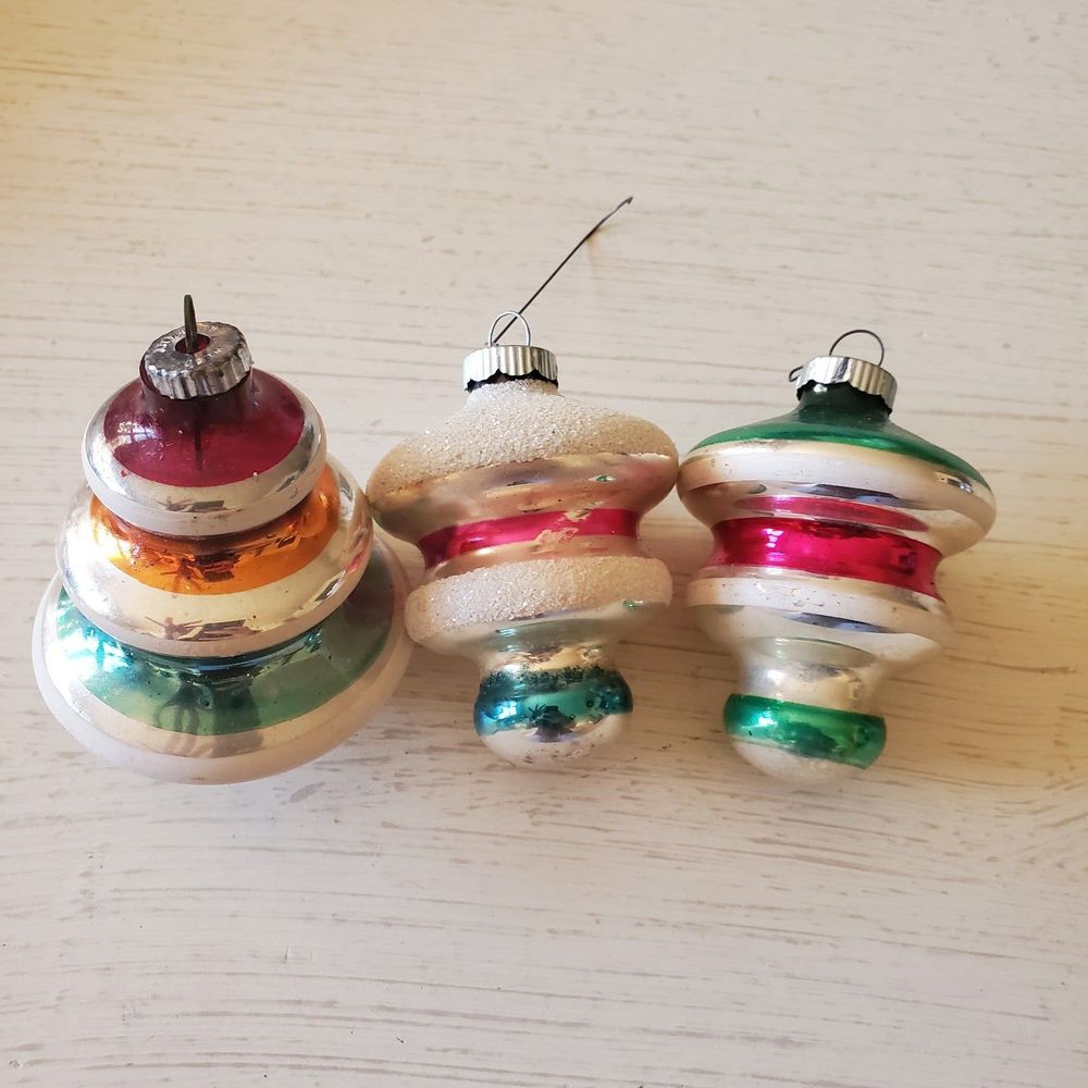Shiny Brite Vintage 50-60s Ringed Tree Bell Mushroom Christmas Ornaments 3pc Lot